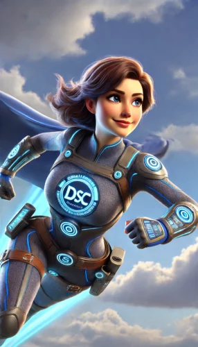 Ein mit DALL E generiertes Bild: Eine Superheldin mit Cape fliegt und lacht dabei. Auf ihrer Brust steht DSC.