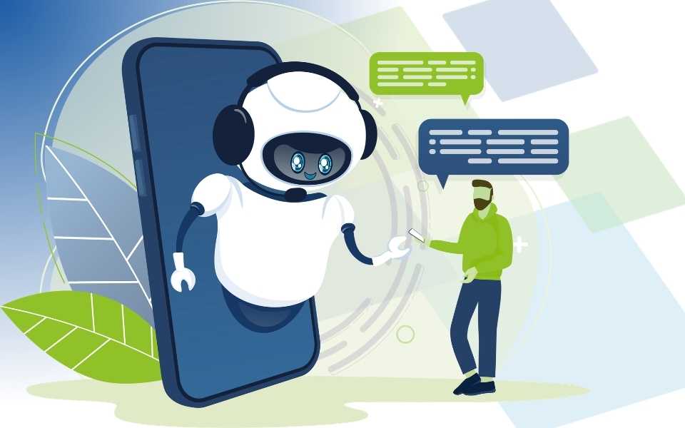Illustration eines Menschen im Austausch mit einem KI-Assistenten auf einem Smartphone